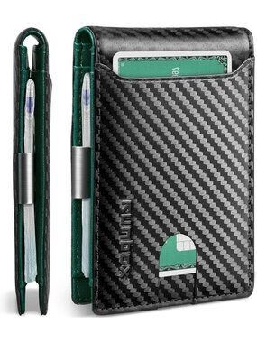 〽️Man Green  Leather Money Clip RFID Blocking Pocket Bifold Credit Card Wallet